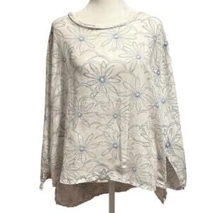 Cut Loose Size L 100% Linen Shirt Top Floral Print Made in USA High Low White